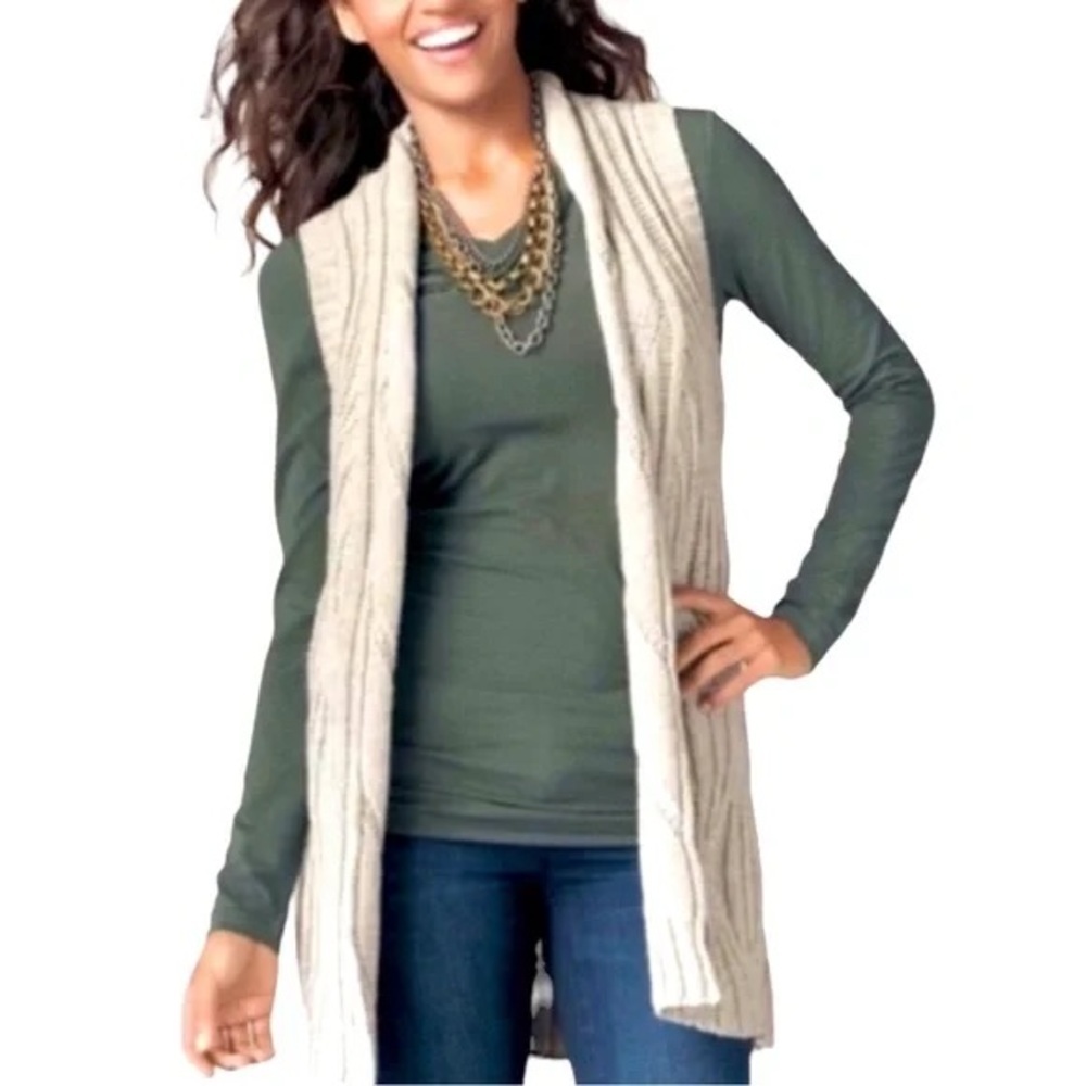 Cabi Cable Knit Longline Sleeveless Cardigan Open Front Duster Vest Oatmeal L